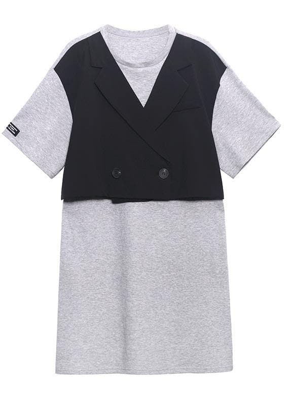 Unique Grey Patchwork Black Button Party Summer Cotton Dress