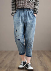 Unique Spring Trousers Casual Denim Blue Wardrobes Elastic Waist Leaf Pant