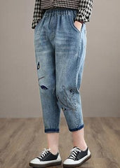 Unique Spring Trousers Casual Denim Blue Wardrobes Elastic Waist Leaf Pant