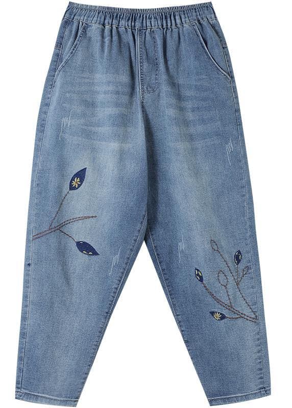 Unique Spring Trousers Casual Denim Blue Wardrobes Elastic Waist Leaf Pant