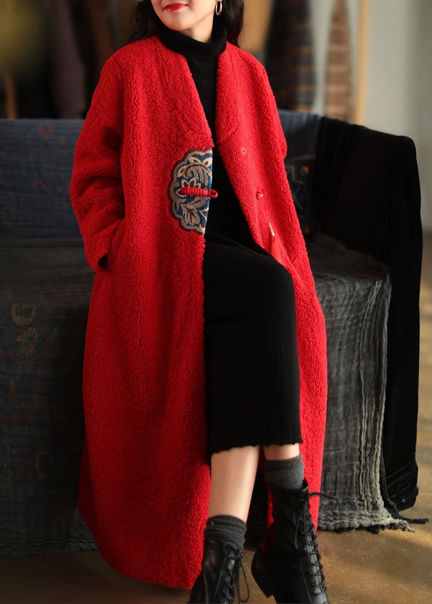 2021 Red Embroideried Patchwork Winter Thick Coats Wool Jackets