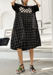 Unique black Plaid Cotton Wardrobes patchwork o neck Art summer Dresses