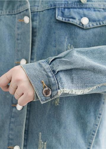 Einzigartiger denimblauer Baumwoll-Boxtop mit Reverskragen und zerrissenen Kleidern im Herbstmantel