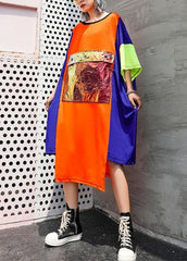 Einzigartiges orange-blaues Patchwork-Chiffon für Frauen 2019 mit asymmetrischem Rundhalsausschnitt