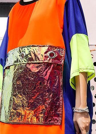 Einzigartiges orange-blaues Patchwork-Chiffon für Frauen 2019 mit asymmetrischem Rundhalsausschnitt