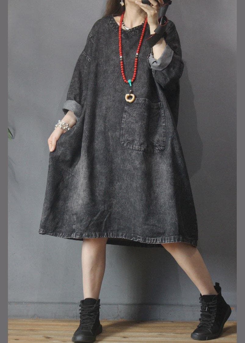 V-neck Baggy Pockets Denim Dress