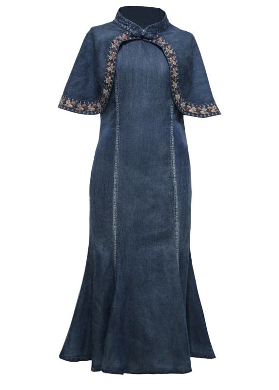 Vintage Blue Mandarin Collar Ruffled Cotton Long Denim Dress Cloak sleeve