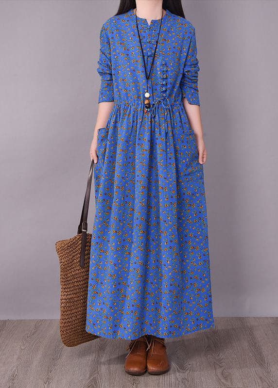 Vintage Blue O-Neck Wrinkled Print Linen Dress Long Sleeve