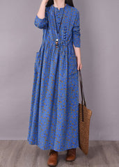 Vintage Blue O-Neck Wrinkled Print Linen Dress Long Sleeve