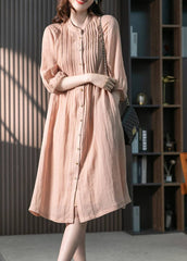 Vintage Pink Stand Collar Button Wrinkled Linen Dress Half Sleeve