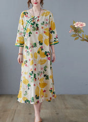 Robe ample vintage en coton imprimé jaune à col rond et ouverture latérale, manches trois-quarts