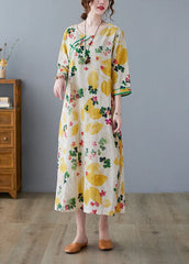 Robe ample vintage en coton imprimé jaune à col rond et ouverture latérale, manches trois-quarts