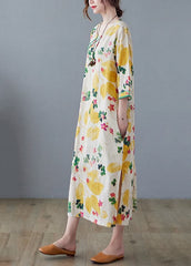 Robe ample vintage en coton imprimé jaune à col rond et ouverture latérale, manches trois-quarts