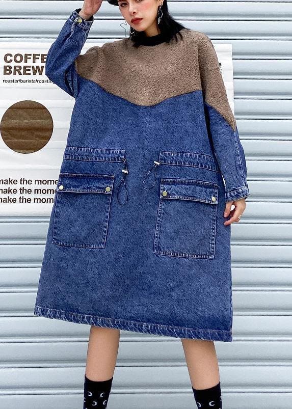 Vivid Denim Blau Kleidung Frauen Patchwork Kordelzug Robe Frühling Kleider