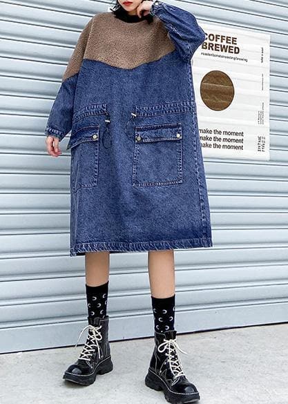 Vivid Denim Blau Kleidung Frauen Patchwork Kordelzug Robe Frühling Kleider