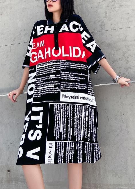 Vivid black Letter Cotton quilting clothes lapel side open oversized Dresses