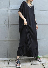 Vivid black cotton Tunics v neck Traveling ruffles summer Dresses