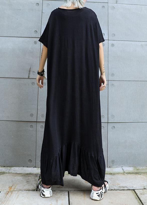 Vivid black cotton Tunics v neck Traveling ruffles summer Dresses