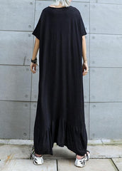 Vivid black cotton Tunics v neck Traveling ruffles summer Dresses