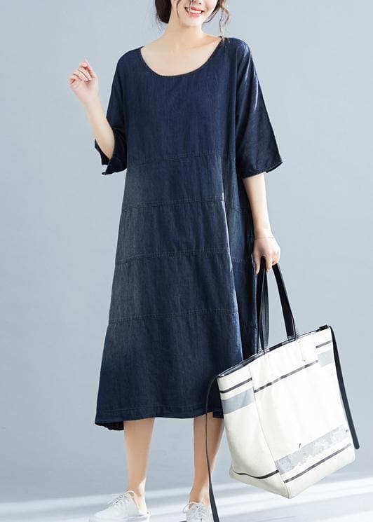 Vivid denim blue cotton quilting dresses Boho Fabrics o neck Kaftan summer Dresses