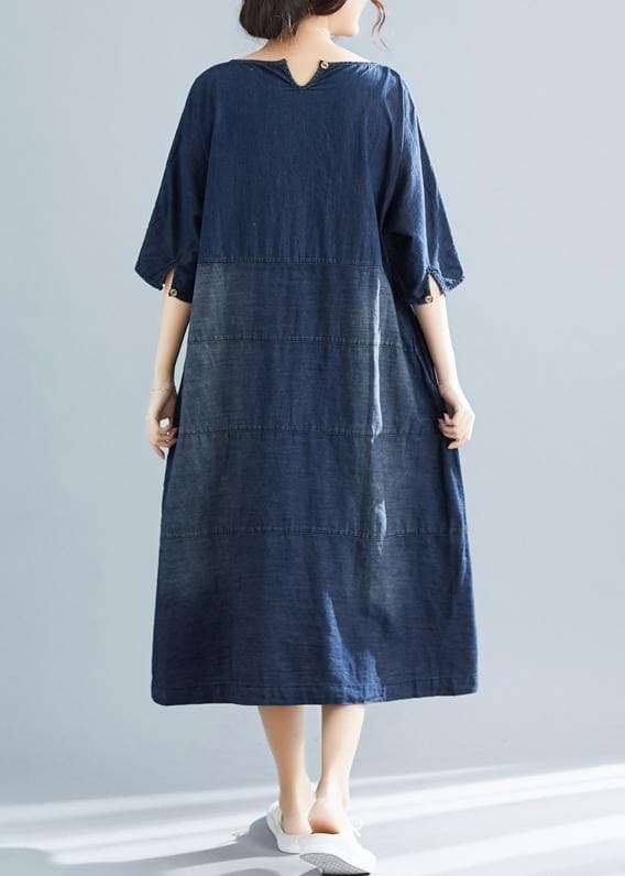 Vivid denim blue cotton quilting dresses Boho Fabrics o neck Kaftan summer Dresses