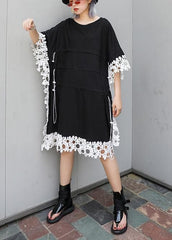 Vivid o neck patchwork lace Cotton for women black Dress summer