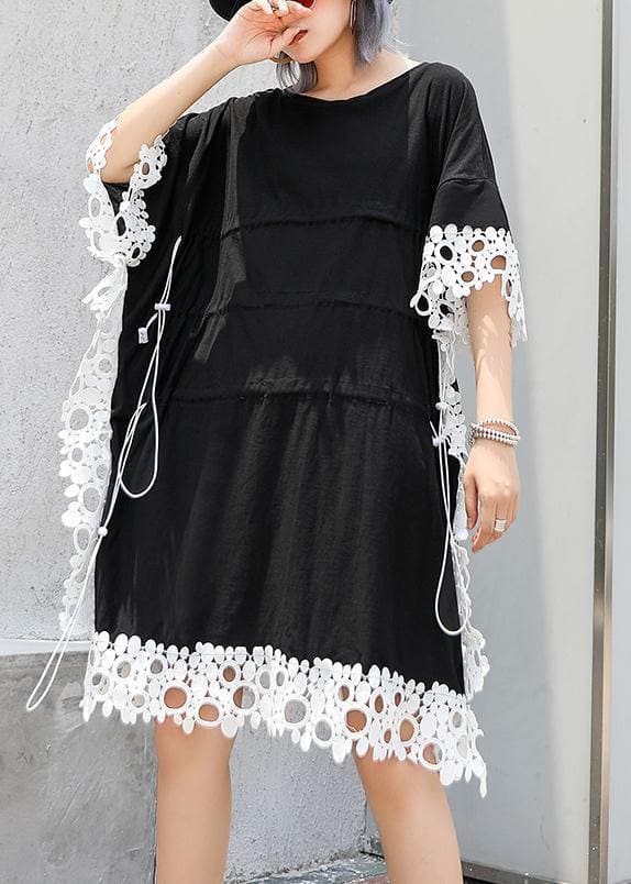 Vivid o neck patchwork lace Cotton for women black Dress summer