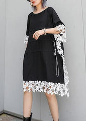 Vivid o neck patchwork lace Cotton for women black Dress summer