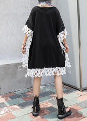 Vivid o neck patchwork lace Cotton for women black Dress summer