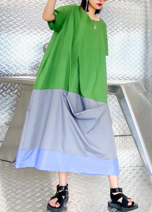 Vivid o neck patchwork summer tunic pattern linen green Plus Size  Dress