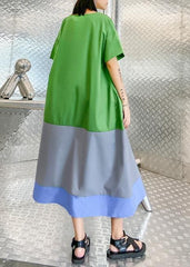 Vivid o neck patchwork summer tunic pattern linen green Plus Size  Dress