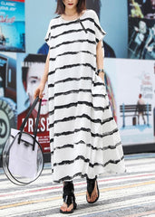 Vivid o neck pockets linen cotton dress Photography white striped Dresses summer