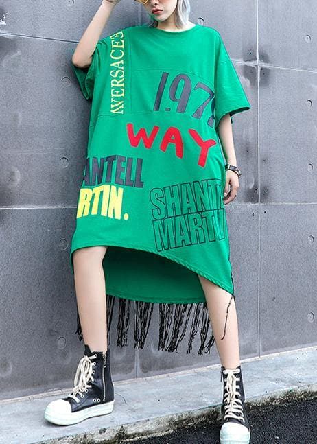 Vivid o neck tassel cotton clothes Women Sewing green print Plus Size Dress summer