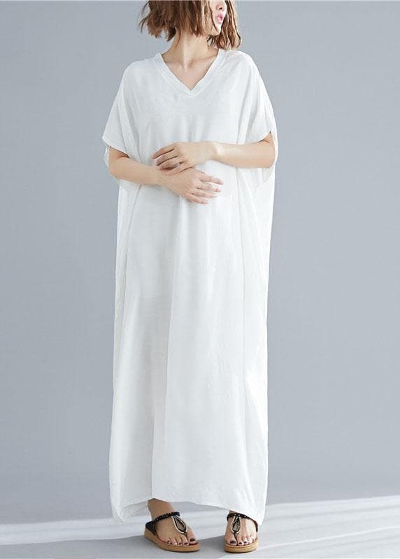 Vivid v neck pockets linen summer Robes Shape white Dresses