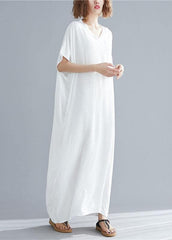 Vivid v neck pockets linen summer Robes Shape white Dresses