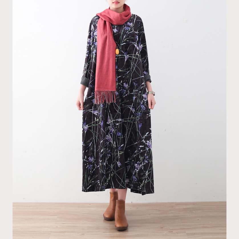 Warm black purple print silk corduroy dresses oversized winter dresses Elegant o neck long dress