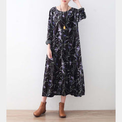 Warm black purple print silk corduroy dresses oversized winter dresses Elegant o neck long dress