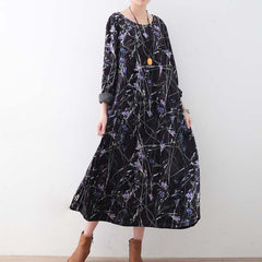 Warm black purple print silk corduroy dresses oversized winter dresses Elegant o neck long dress