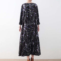 Warm black purple print silk corduroy dresses oversized winter dresses Elegant o neck long dress