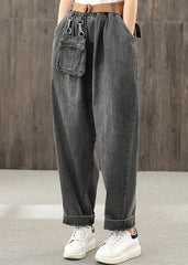 Washed denim black autumn casual trousers loose harem pants