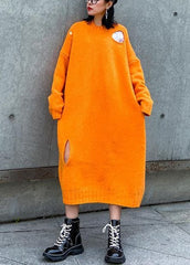 Winter orange Pullover Strickkleid Street Style O Hals Loch Largo Pullover Kleid