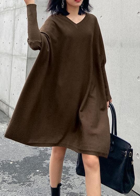 Winter v neck Batwing Sleeve Sweater weather Women chocolate Largo knitted dress