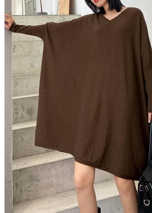 Winter v neck Batwing Sleeve Sweater weather Women chocolate Largo knitted dress