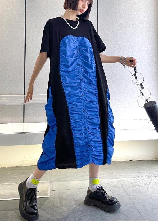 Women Black Patchwork Blue O-Neck Long Summer Cotton Dress