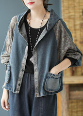 Women Black Print Patchwork Loose Fall Denim Hoodie Coat