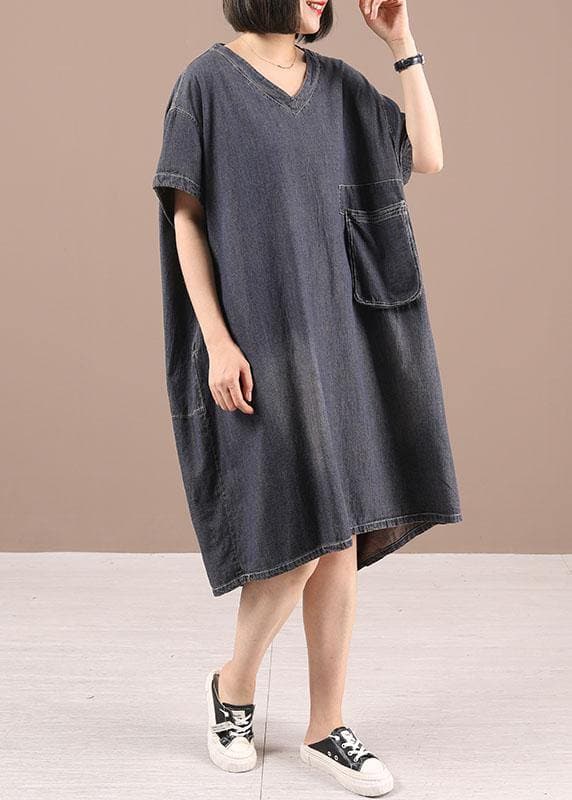 Women Black V Neck Pockets Denim Summer Maxi Dresses