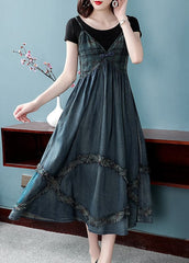 Women Blue Cinched V Neck Patchwork Spaghetti Strap Cotton Denim Dresses Spring