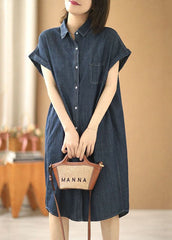 Women Navy Solid Color Peter Pan Collar Button Cotton Denim Dresses Short Sleeve