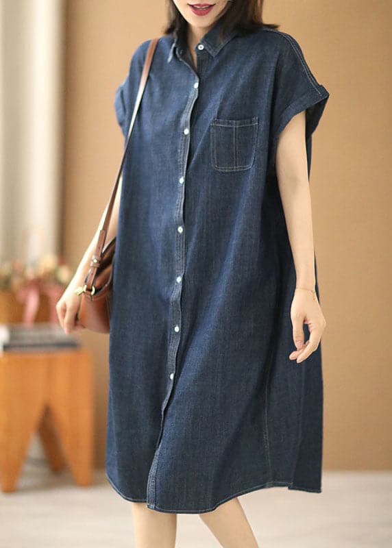 Women Navy Solid Color Peter Pan Collar Button Cotton Denim Dresses Short Sleeve