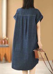 Women Navy Solid Color Peter Pan Collar Button Cotton Denim Dresses Short Sleeve